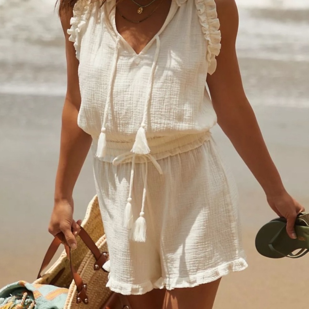 Sundays Siri Romper Gauze Ruffle Sleeveless Shorts Tassels Beach Travel White